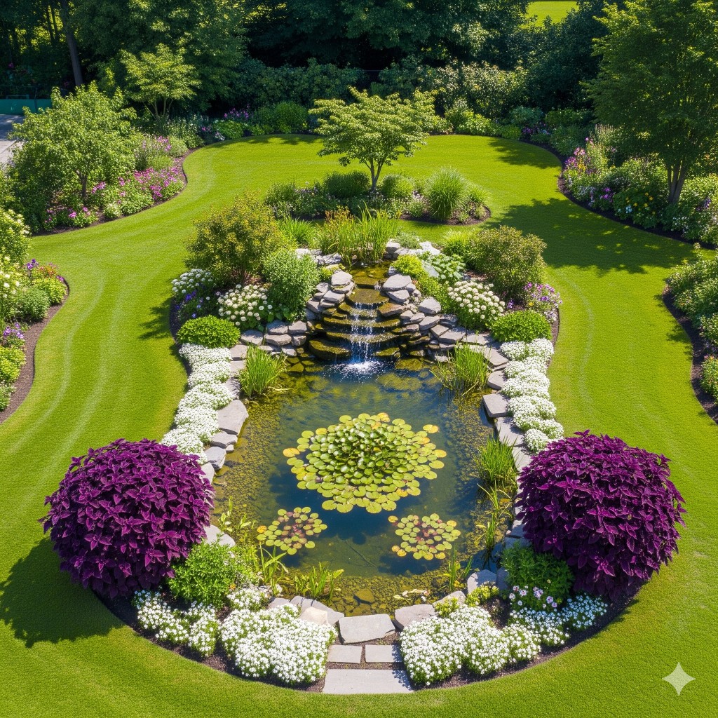 Garden pond with waterfall and plantings
