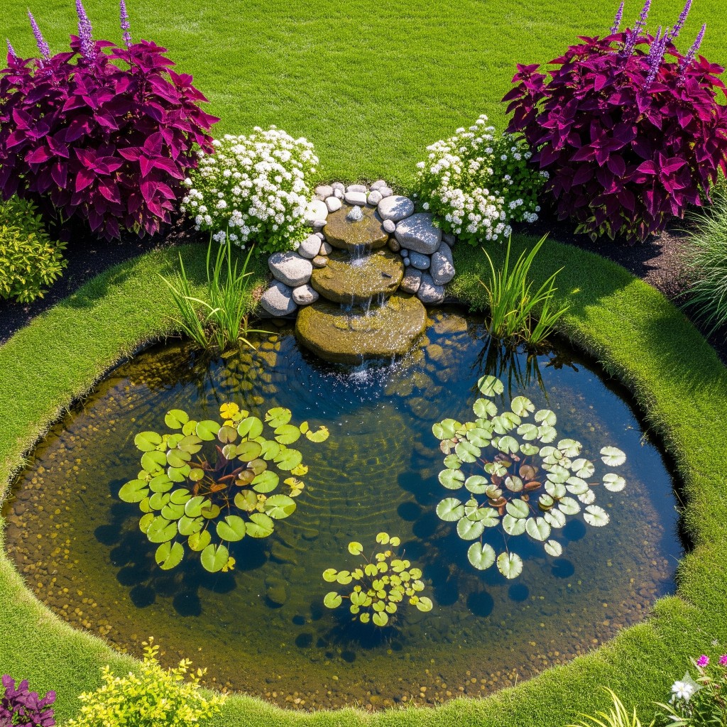 Pond with tiered fountain and water lilies