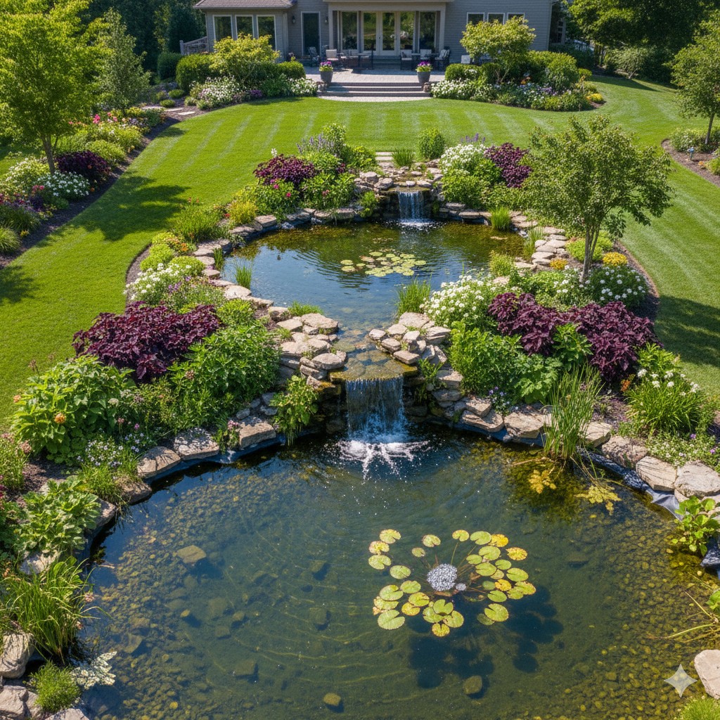 Residential landscape with water feature and lawn