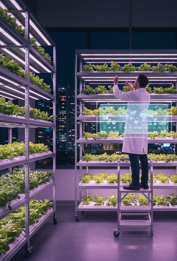 Agricultural production – vertical farm, LED grow lights, high-efficiency crop systems